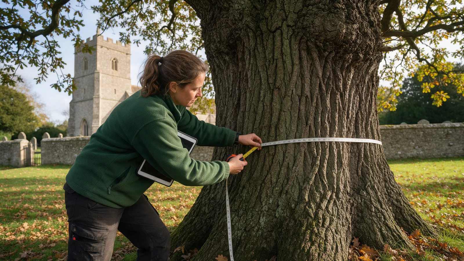 An arborist in a green fleece measuring the trunk of a huge veteran oak with a tape, a tablet under her arm, a churchyard wall and stone church tower behind