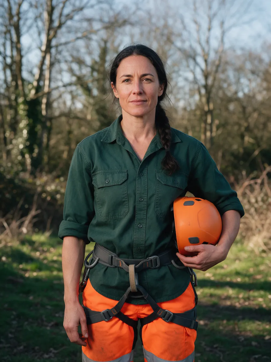 Ffion Lewis, a woman in her late thirties with dark hair in a plait, in a climbing harness over a green work shirt holding an orange helmet, woodland behind her