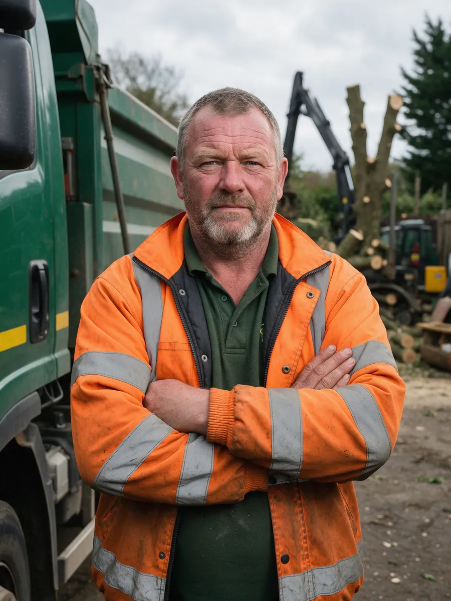 Owen Pritchard, a Welsh man in his early fifties with a short grey beard, in a hi-vis orange work jacket over a green polo shirt, arms folded beside a green tipper truck in the yard