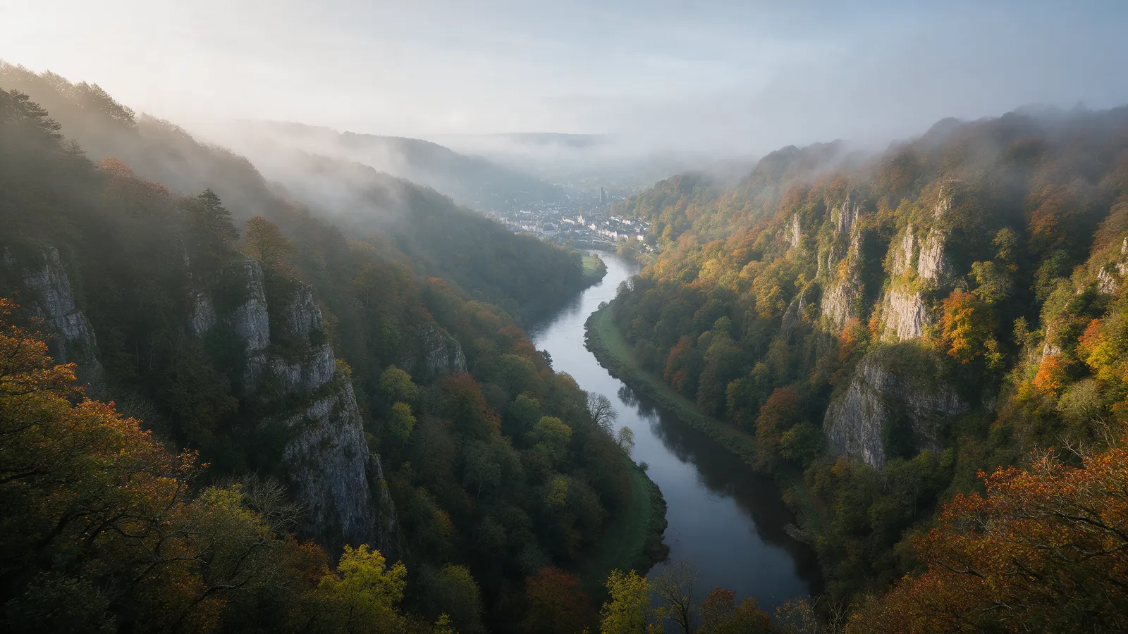 The wooded Wye Valley gorge in autumn colour from a high viewpoint, the river curving between forested limestone cliffs with morning mist