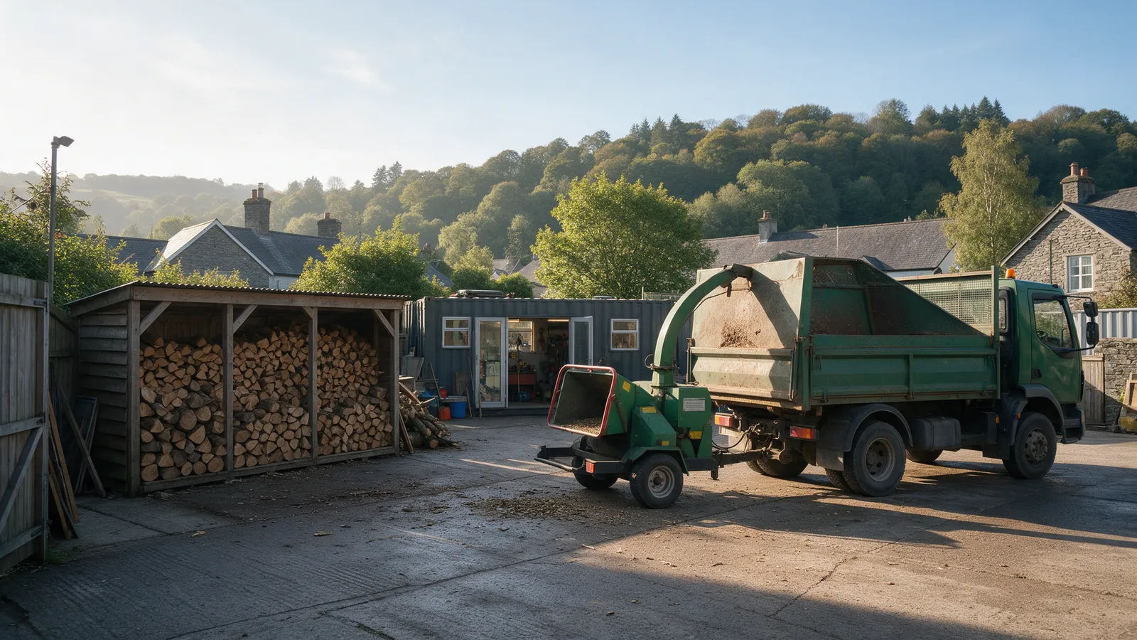 A tidy tree surgeon's yard with a green tipper truck and towed chipper, stacked split logs under a timber lean-to and wooded hills behind